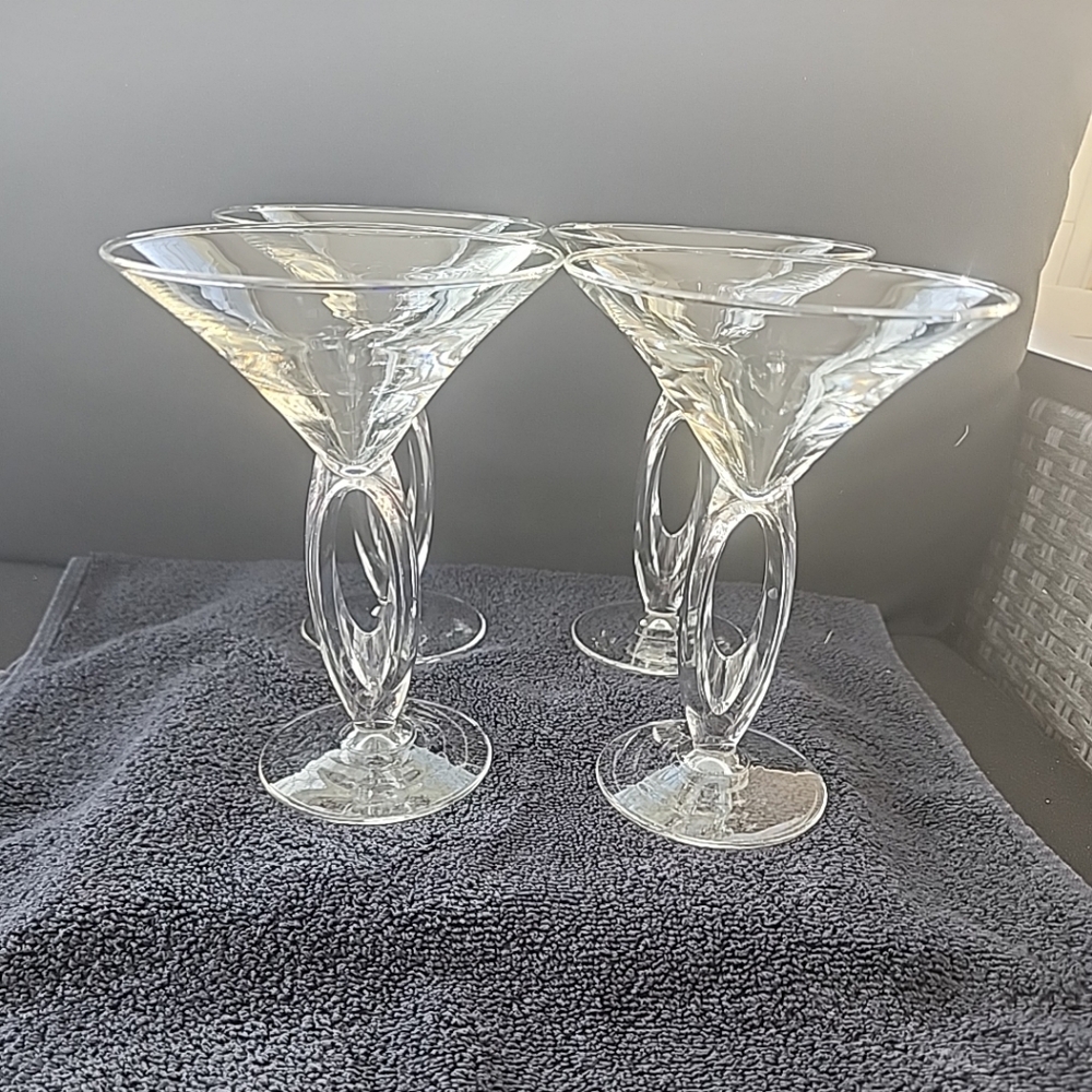 Libbey OMEGA Martini Glasses x 4 Open Loop Swirl Circle Optic Stem MCM Cocktail